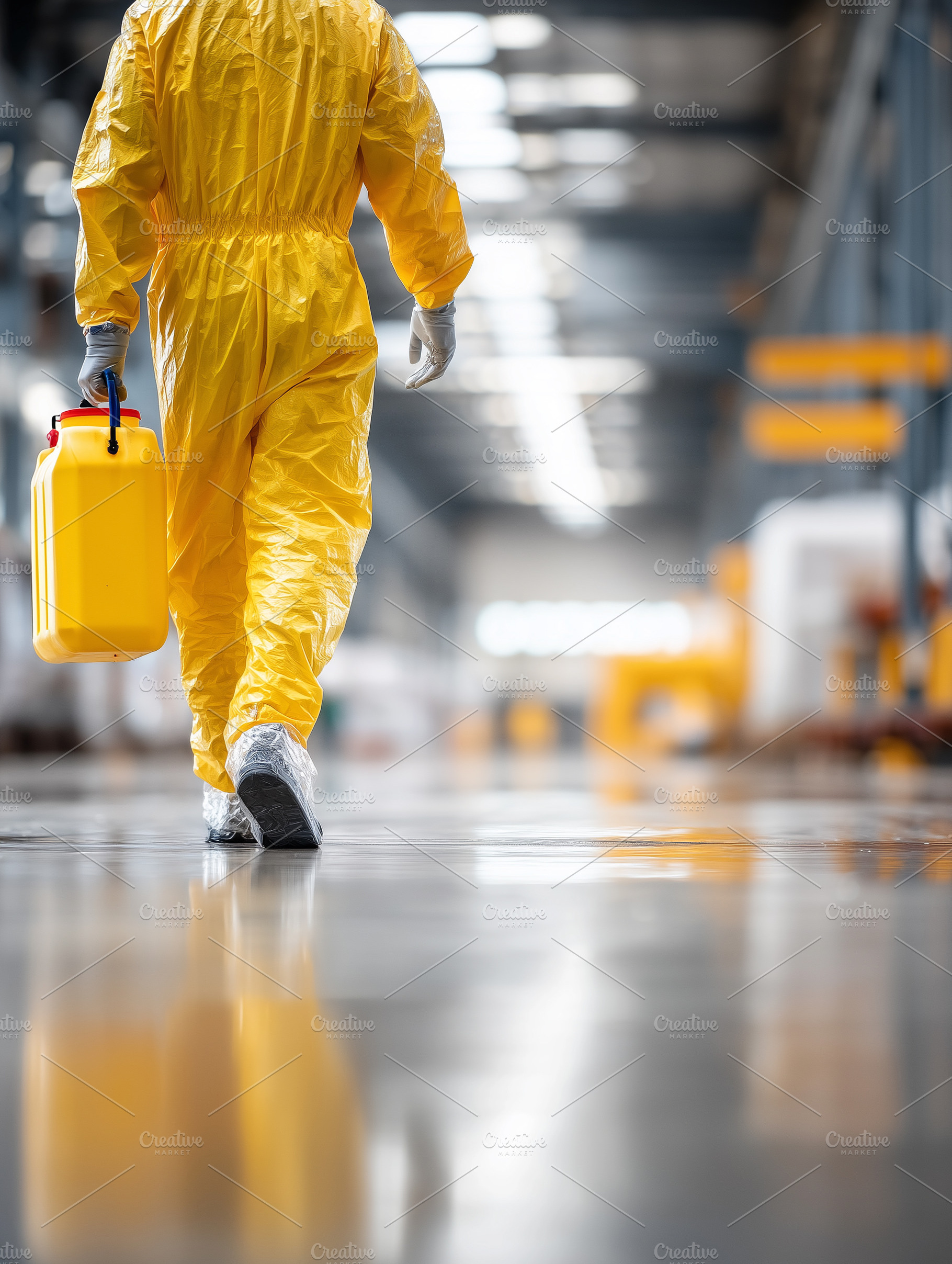 Worker in yellow hazmat suit carry, an Industrial Photo by MistyDay