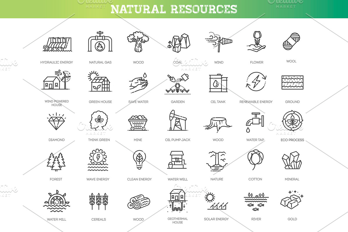 Set of Natural Resources icons, an Outline Icon by Tettygreen (Photo 1 of 2)