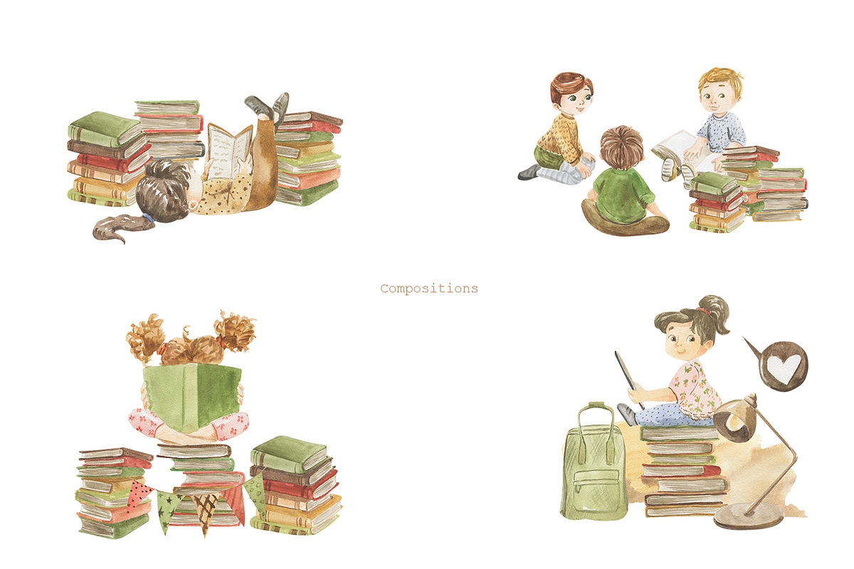 Children and books, watercolor set, an Education Illustration by Love Watercolor Store (Photo 7 of 10)