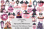 Watercolor Pink Halloween Clipart, a Seasonal Illustration by CitraGraphics (Thumbnail 1 of 5)