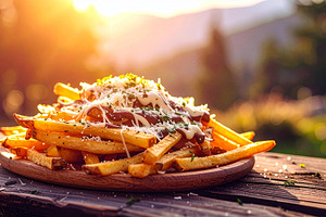 Loaded fries with creamy truffle mayo on a rustic wooden table in warm sunset l, a Food & Drink Photo by DutchDigitalDesign