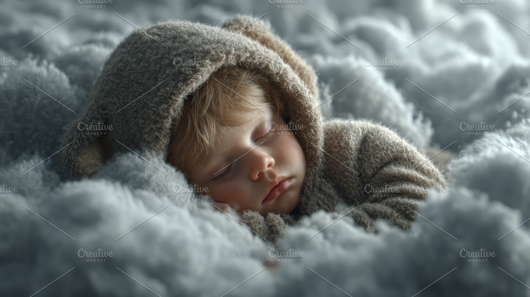 Baby sleeping soundly in fluffy clou, a Photo by Pixeness Studio