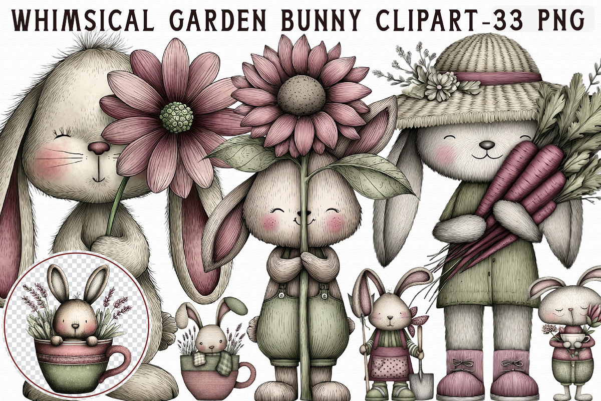 Whimsical Garden Bunny Clipart Set, an Illustration by Libby Wishes (Photo 1 of 7)