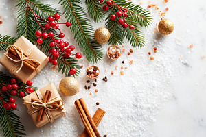 Festive holiday gifts with decorations on snow, a Holiday Photo by AlyaAnd