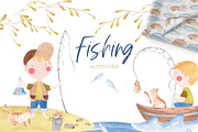 Fishing Watercolor Clipart, an Illustration by natalisart (Thumbnail 1 of 10)