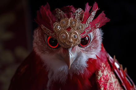 A beautifully adorned owl with striking red feathers and an elaborate headpiece, an Arts & Entertainment Photo by Textures & Backgrounds