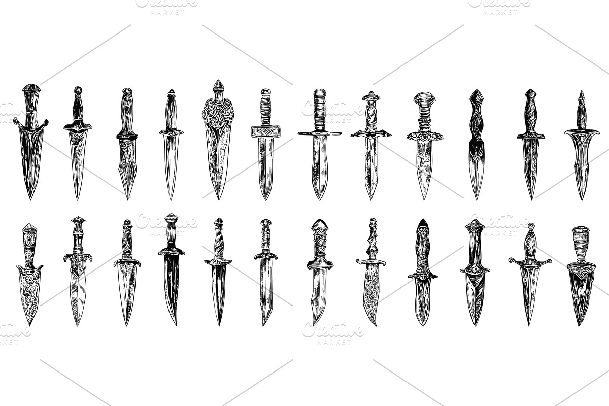Sketch medieval knives. Isolated, an Object Illustration by Valerie Bodnar