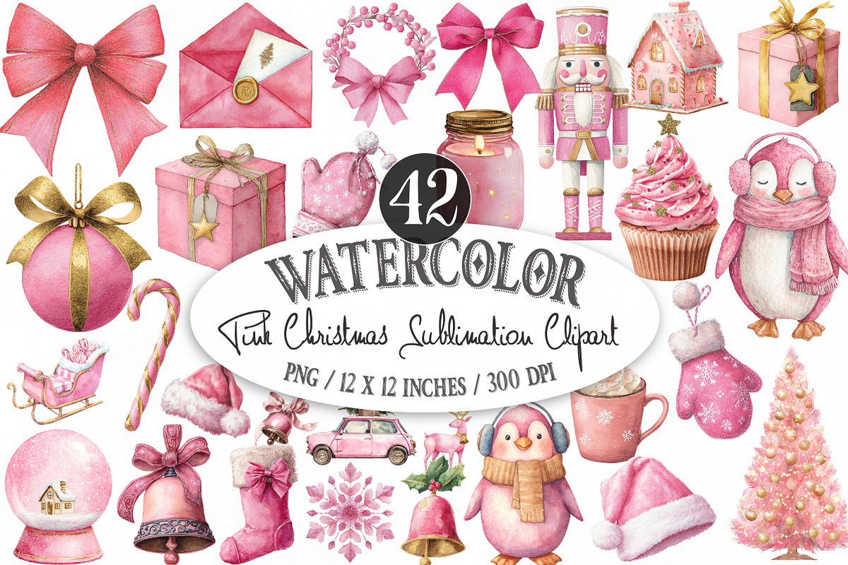 Pink Christmas Sublimation Clipart, an Illustration by Designking (Photo 1 of 4)