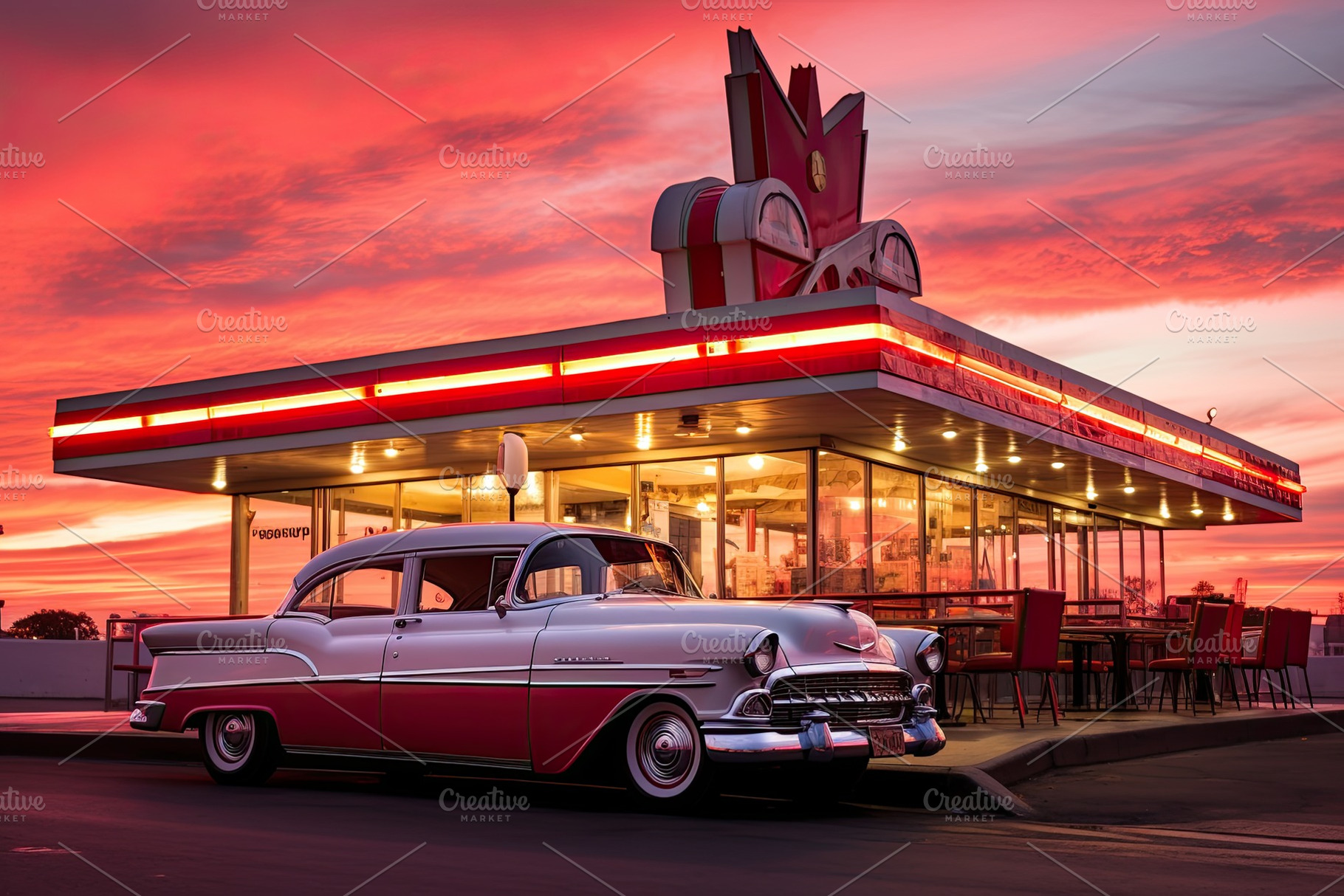 American retro car in front of a fas, a Photo by Iftikhar Alam