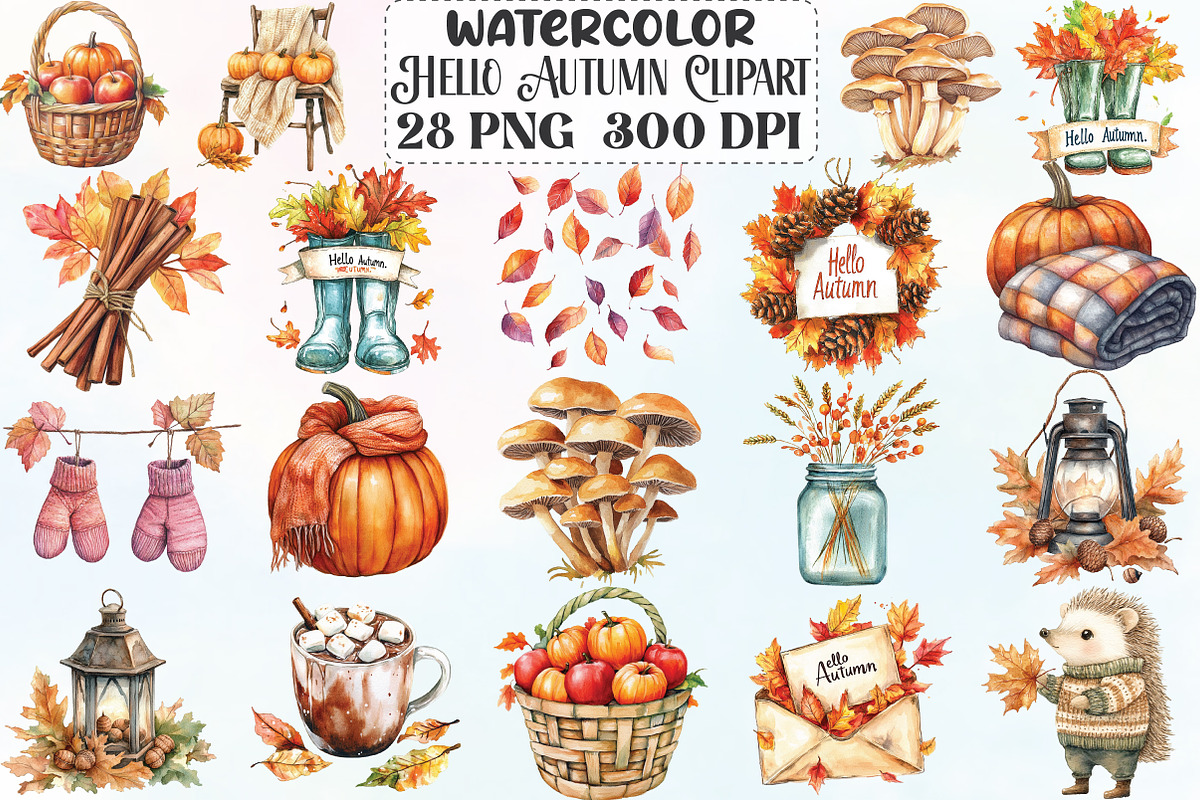 Watercolor Hello Autumn Clipart, an Illustration by CraftArtStudio (Photo 1 of 6)