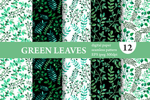 12 Green Leaves Seamless Patterns