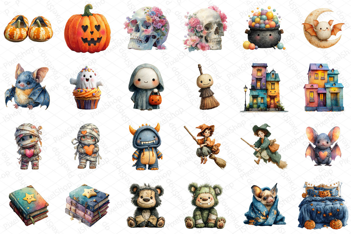 Watercolor Kawaii Halloween Clipart, an Illustration by DreamPrint404 (Photo 3 of 5)