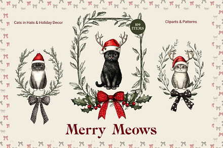 Merry Meows Cliparts and Patterns, an Object Graphic by NikiArts