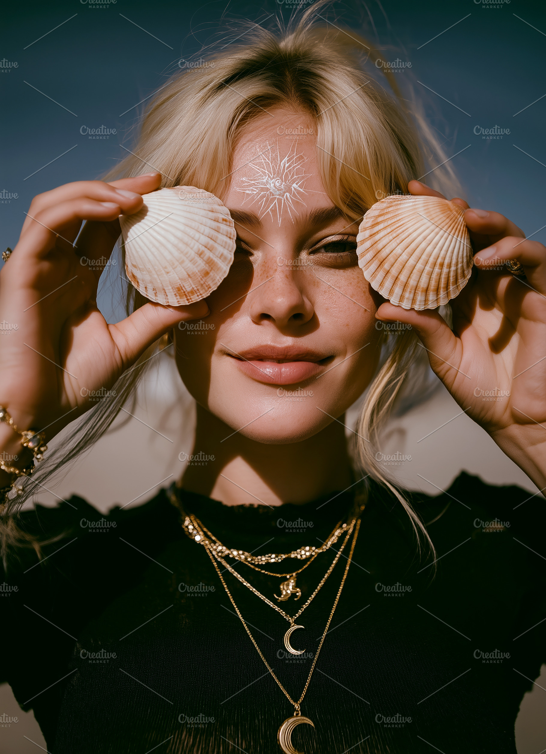 Woman Holding Seashells Over Eyes, a Person Photo by Ocean Digital Art