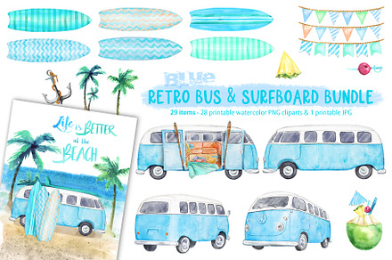 Blue Retro Bus Clipart Bundle