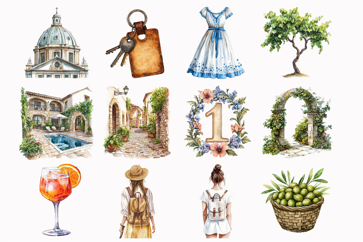 Watercolor Sicilian Summer Clipart, an Illustration by Design Market (Photo 2 of 5)