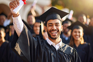 Student receiving a diploma and raising arms in success, a School & Education Photo by DanFLCreativo