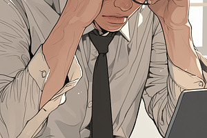 Frustrated businessman holding head at desk with laptop in office setting, a Photo by AS photostudio