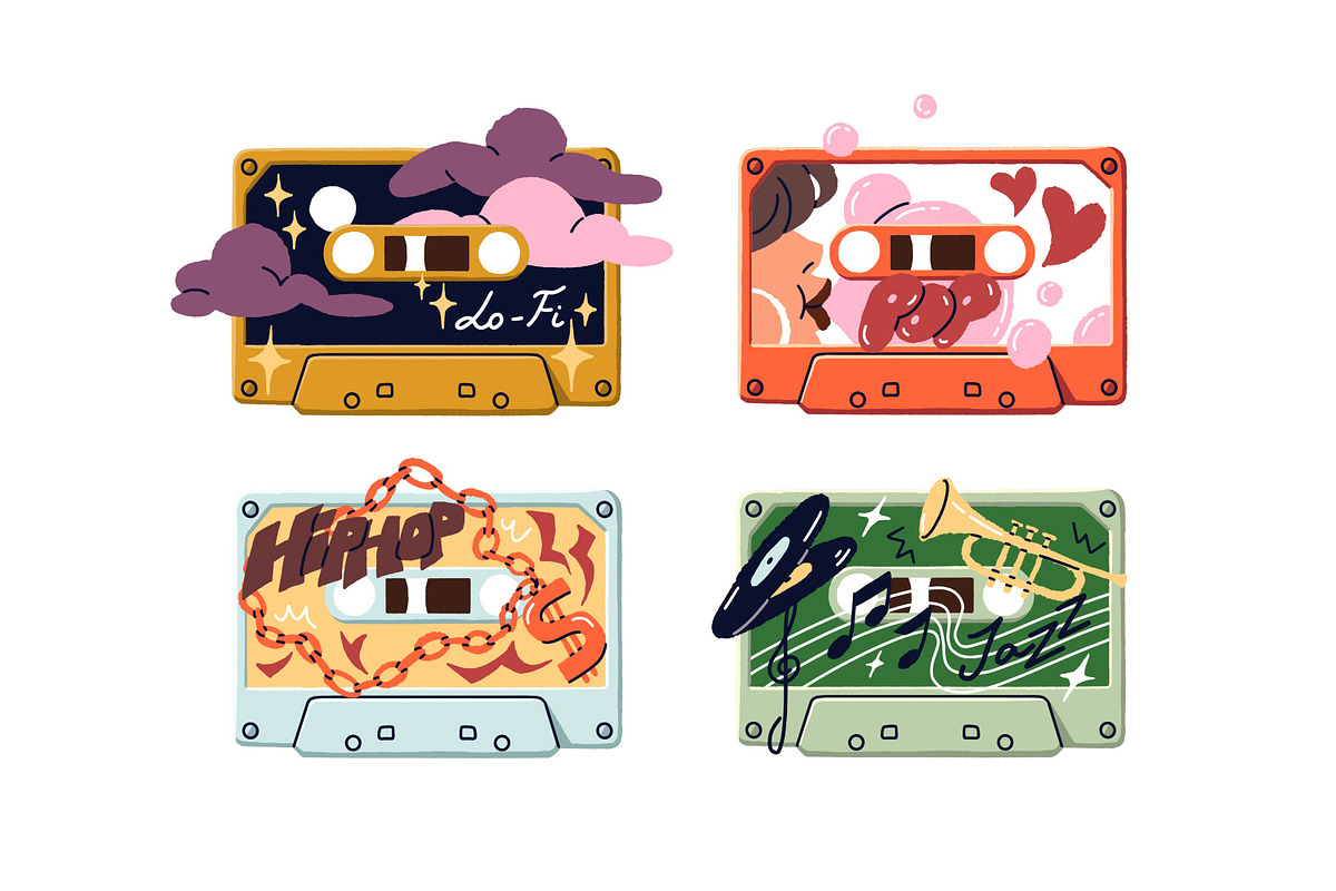 Retro audio cassettes with music set, an Object Illustration by PaperTrident (Photo 2 of 7)