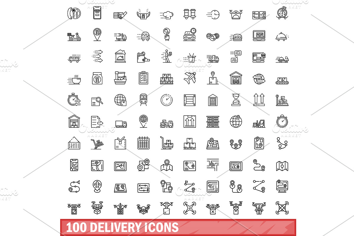 100 delivery icons set, outline, an Object Illustration by Ylivdesign