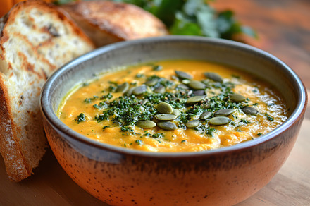 Pumpkin soup with cream and seeds, a Food & Drink Photo by AlyaAnd