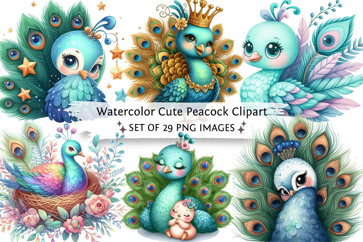Watercolor Cute Peacock Clipart, an Illustration by DreamPrint404 (Photo 1 of 5)