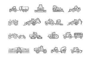 Set line icons of tractors, an Illustration by Tettygreen