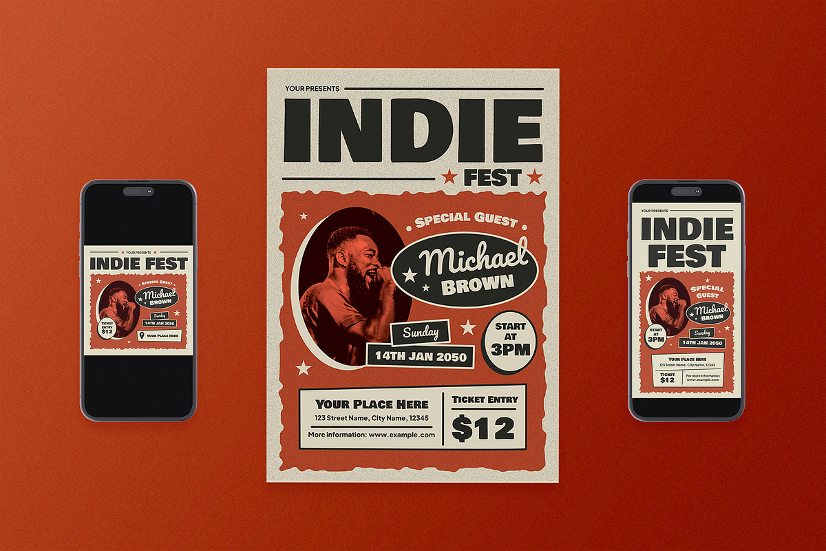 Red Retro Grunge Indie Fest Flyer, a Flyer Template by Aiyari Graphic (Photo 1 of 3)