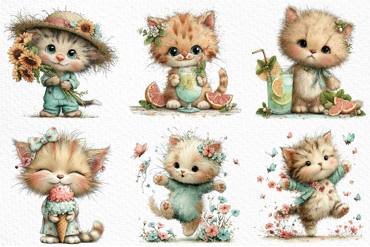 Whimsical Summer Cats Clipart, an Illustration by Craft Nest (Photo 6 of 12)