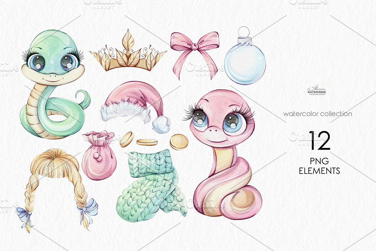 Watercolor Snakes | New year 2025, a Seasonal Illustration by katmonne (Photo 2 of 10)
