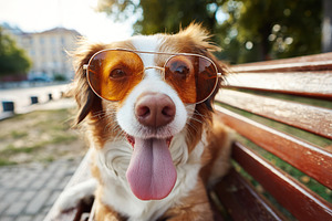 Happy dog enjoying a sunny day on a park bench while wearing sunglasses, a Photo by AlyaAnd