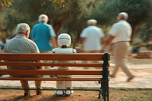 Robot sits on a bench beside an elderly man in a park during a sunny afternoon, a Photo by AlyaAnd