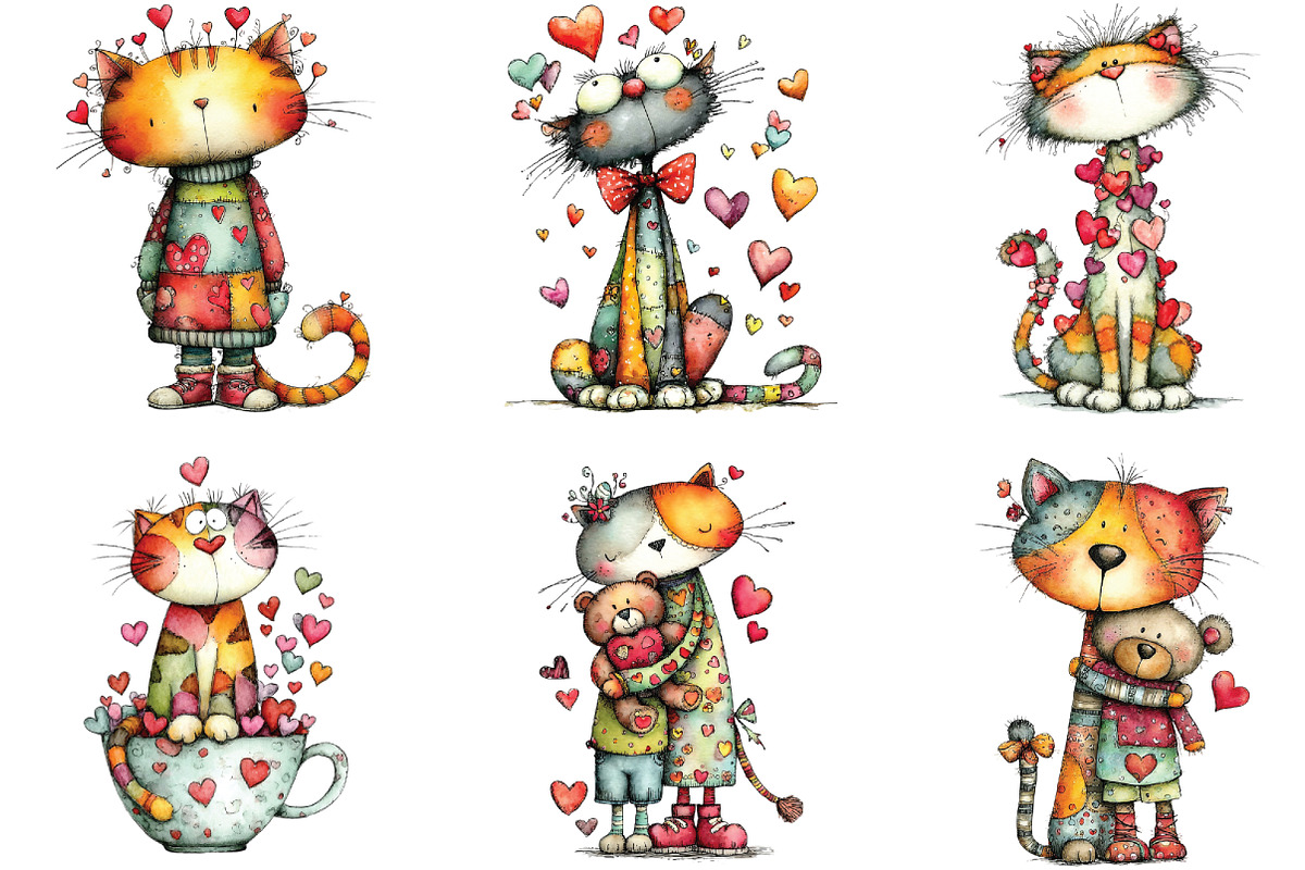 Quirky Valentine Day Cats Clipart, an Illustration by CraftArtStudio (Photo 5 of 6)