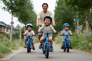 Happy family biking outdoors smiling, a Photo by Pixeness Studio
