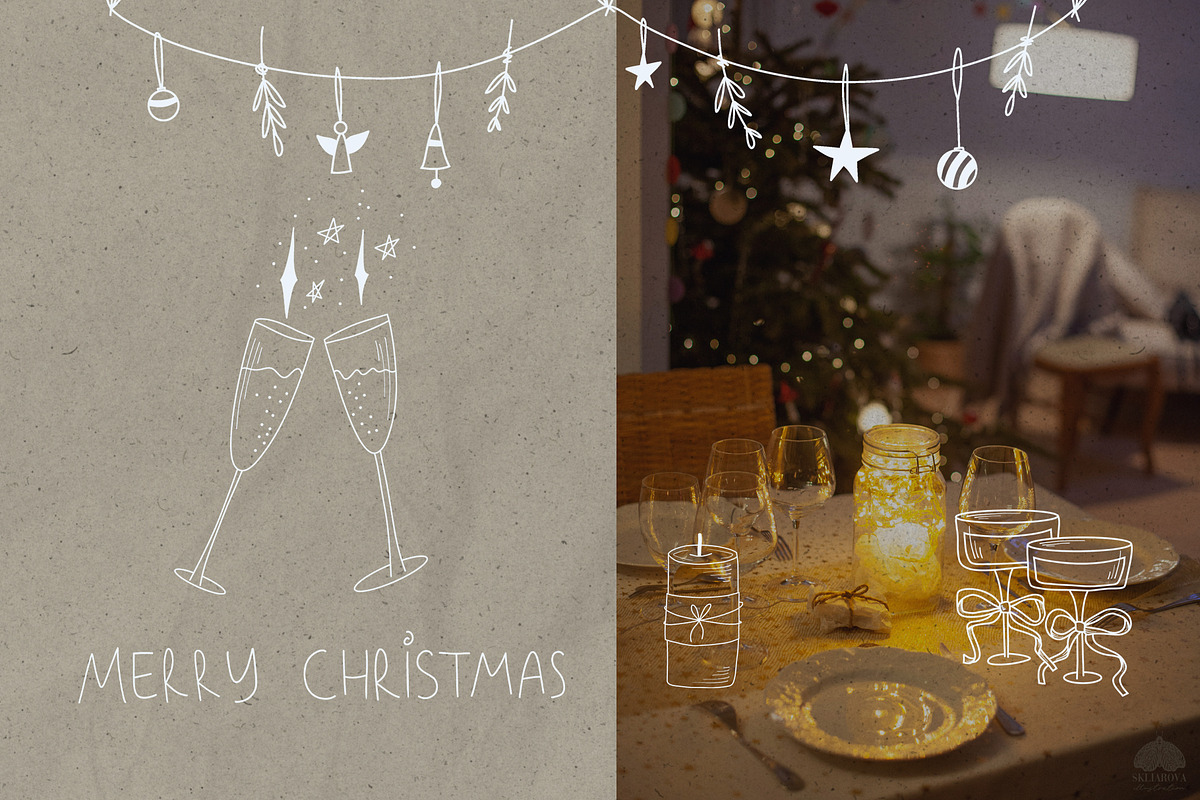 Christmas line drawing set + stamps, an Illustration by Skliarova (Photo 5 of 8)