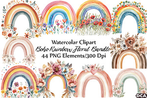 Boho Rainbow Floral Clipart, an Illustration by DreamCafeArt