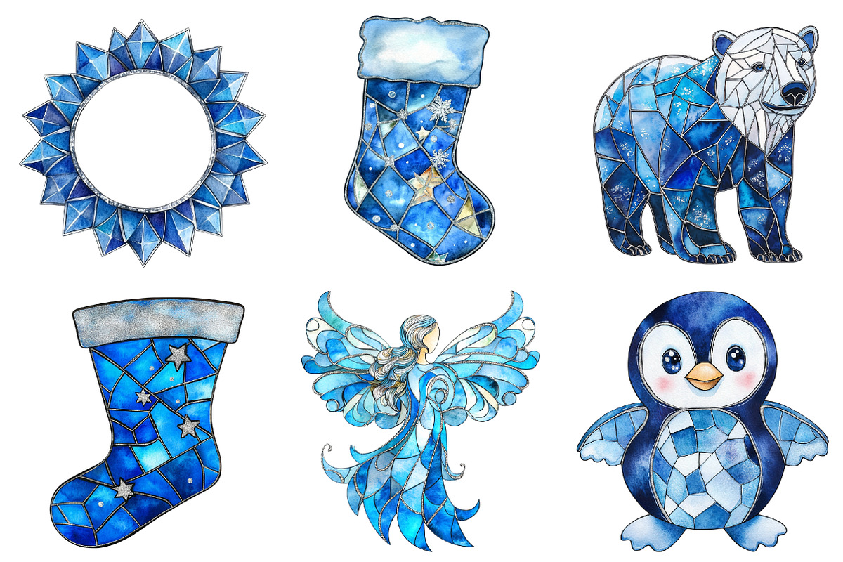 Blue Christmas Stained Glass Bundle, a Seasonal Illustration by CitraGraphics (Photo 7 of 8)