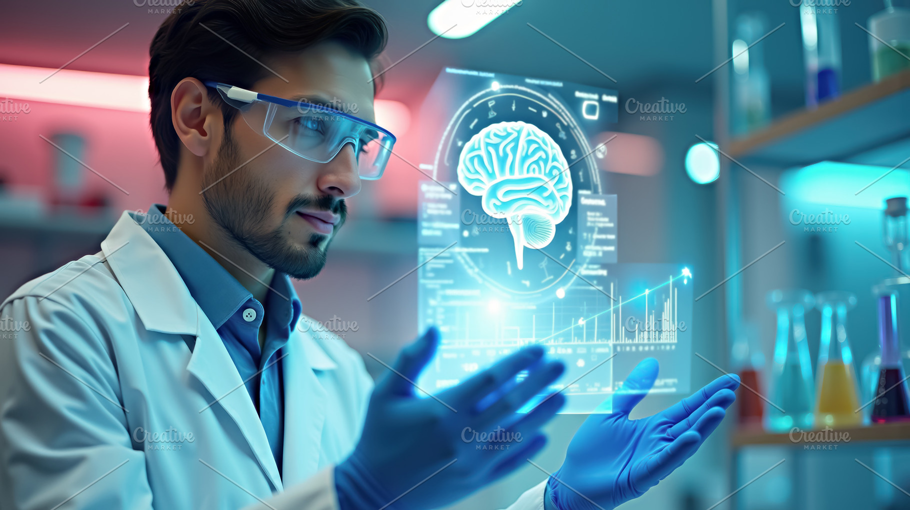 Scientist with futuristic interface, a Health & Medical Photo by angellodeco