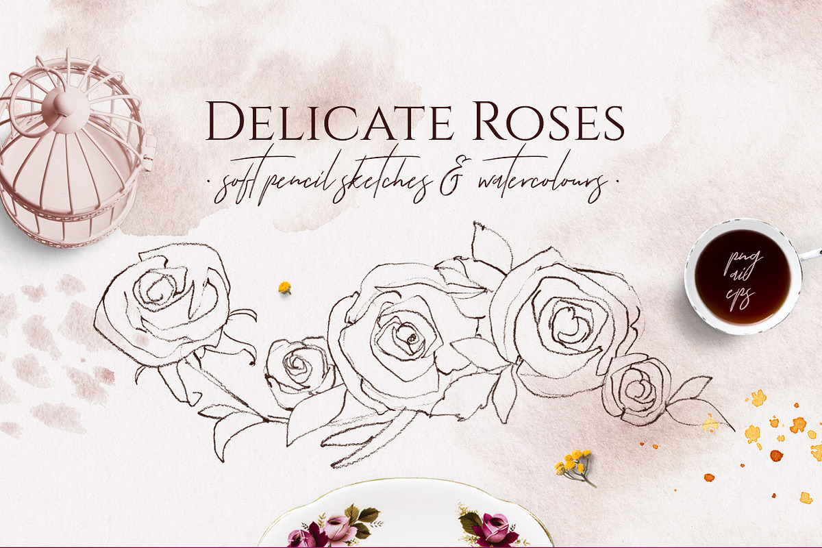 Delicate Roses - Hand Drawn Clipart, a Texture Illustration by Aquarellina (Photo 1 of 15)