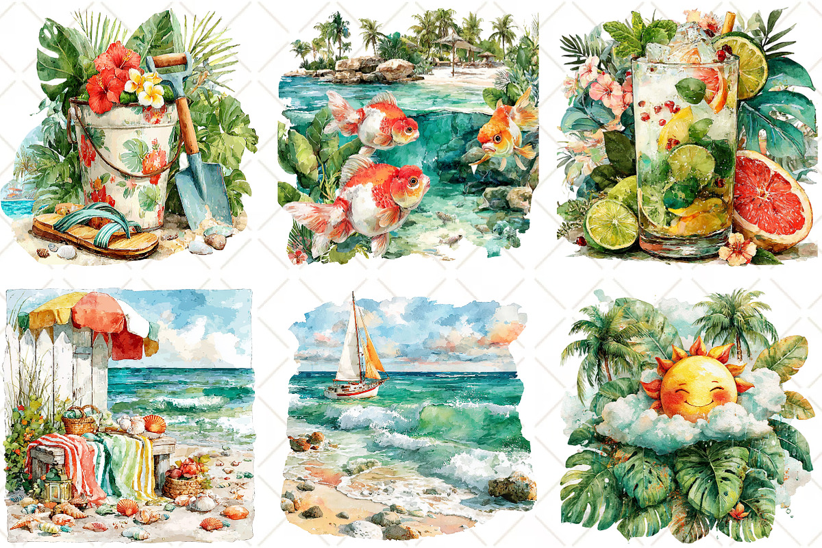 Watercolor Summer Beach Clipart, an Illustration by Black Bird Studio (Photo 3 of 5)