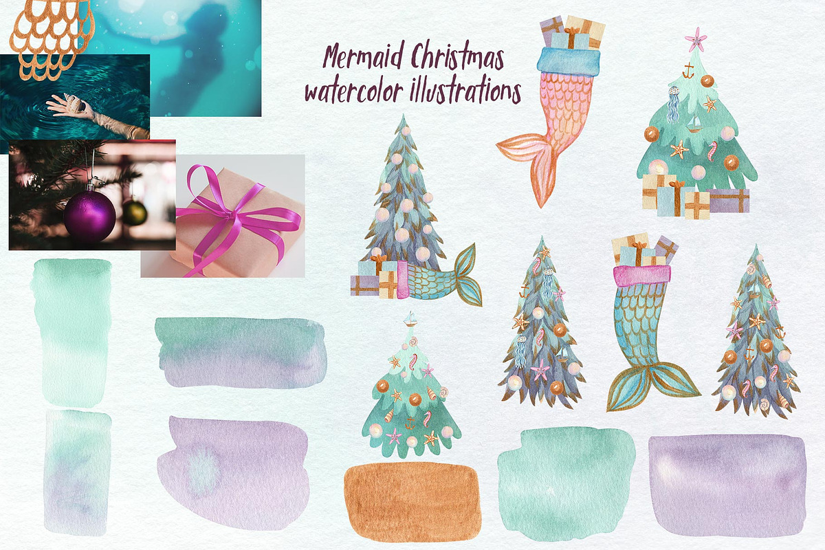 Mermaid Christmas Watercolor Clipart, a Seasonal Illustration by Catch the Dream Art (Photo 4 of 8)