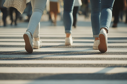 Closeup of people legs crossing the street on the crosswalk, a Person Photo by AlyaAnd