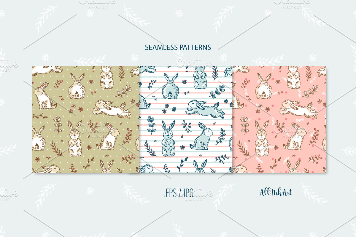 Hand Drawn Rabbits & Floral Elements, a Pattern Graphic by AllNikArt (Photo 2 of 4)