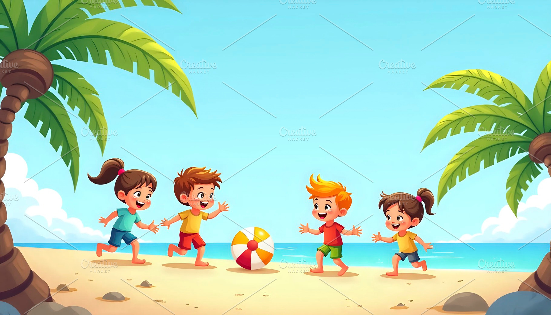 Kids Playing Beach Ball On Sunny Isl, a Photo by LOGOCREATIVE