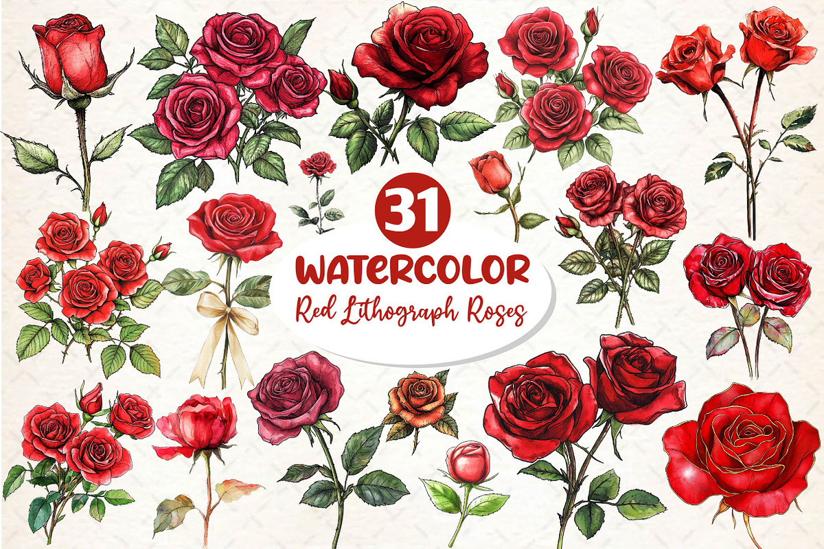 Red Lithograph Roses Clipart, an Illustration by Dream Creation (Photo 1 of 4)