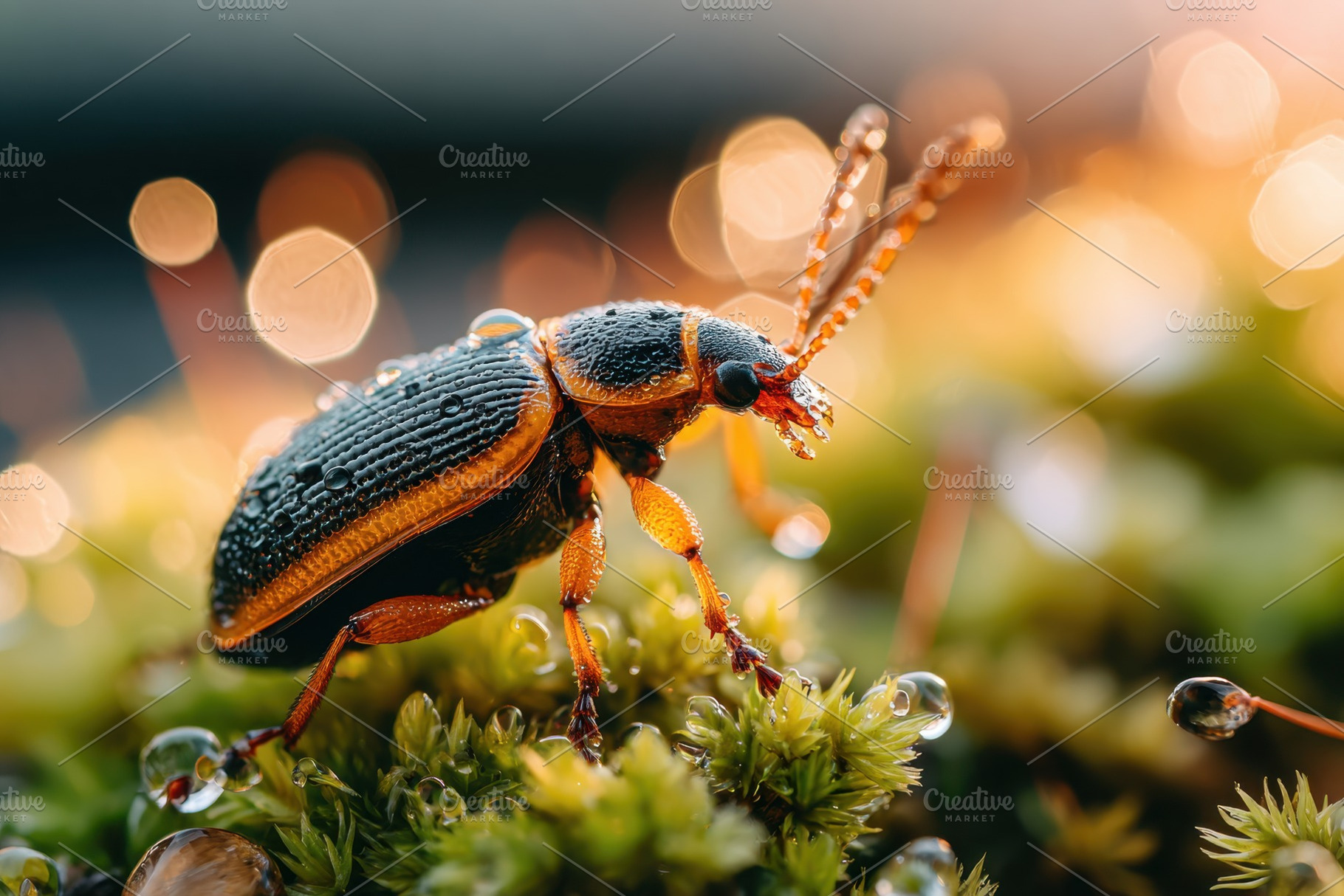Vibrant beetle on moss with water droplets, an Animal Photo by AlyaAnd