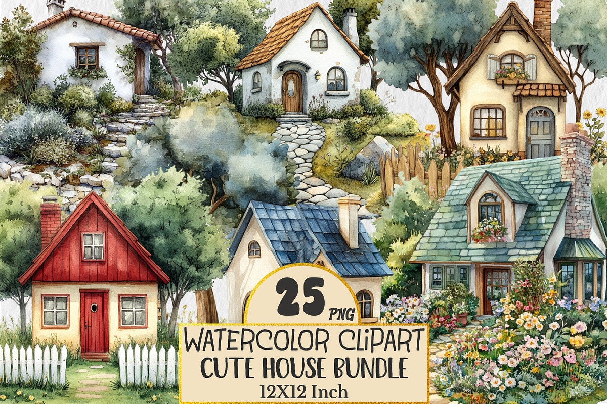 Watercolor Cute House Clipart, an Illustration by Rose Art (Photo 1 of 4)