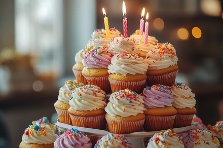 Colorful cupcake tower adorned with, a Background Photo by Pixeness