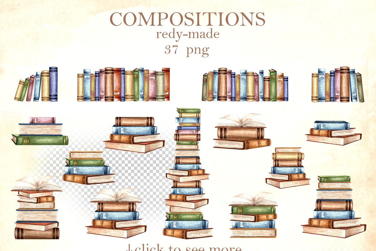 Vintage bookshelf watercolor clipart, an Education Illustration by susie-p-art (Photo 4 of 13)