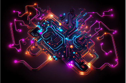 abstract circuit with neon lights, a Technology Photo by Neirfy